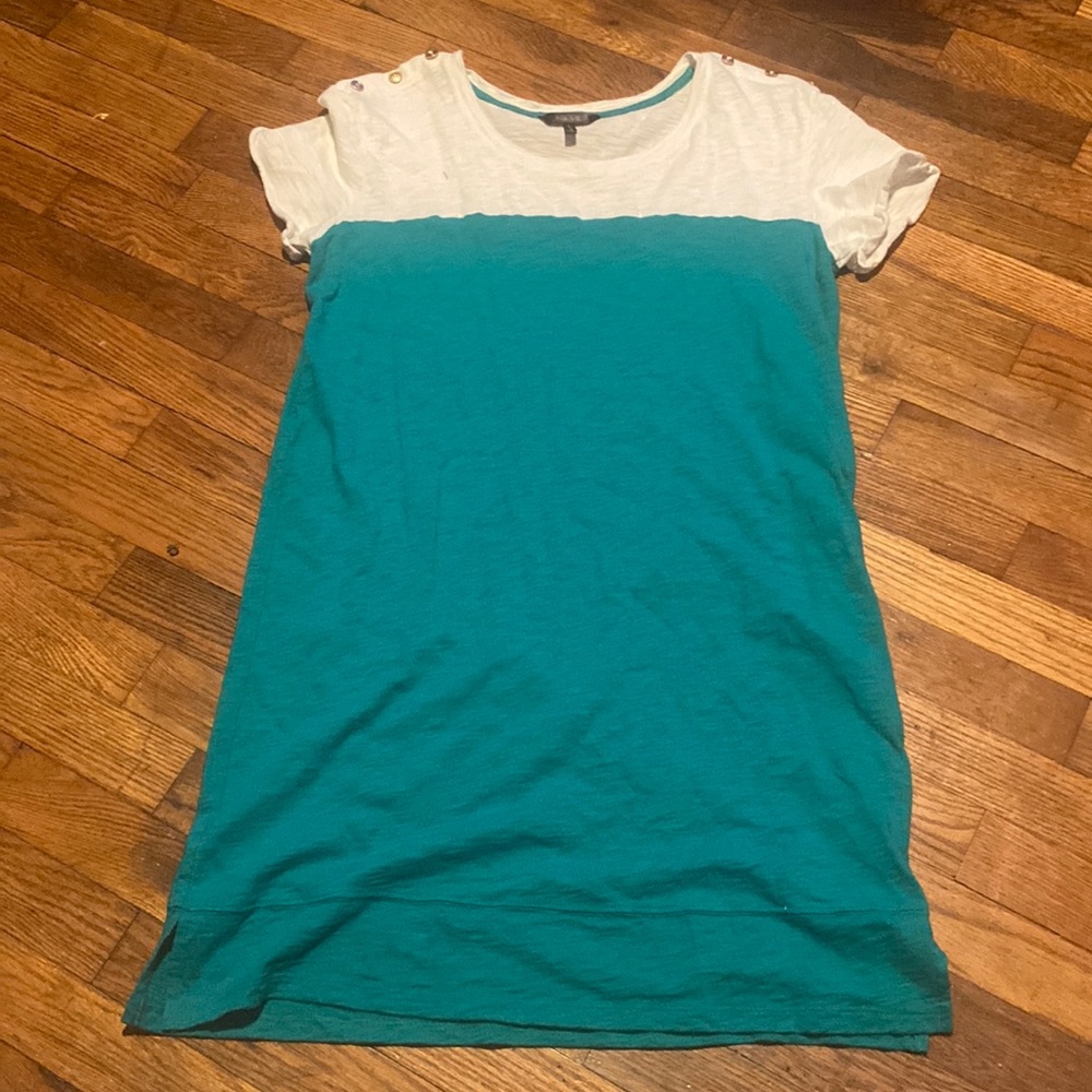 Green and white dress with gold buttons